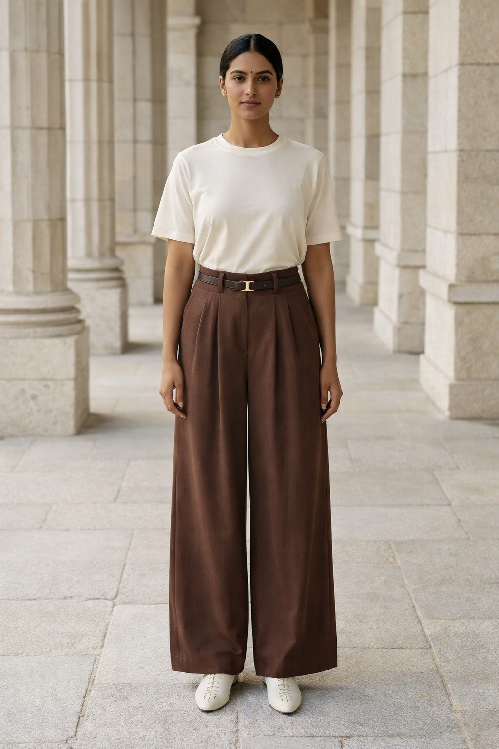 Brown high-waist baggy trousers for women with front pleats and a black belt