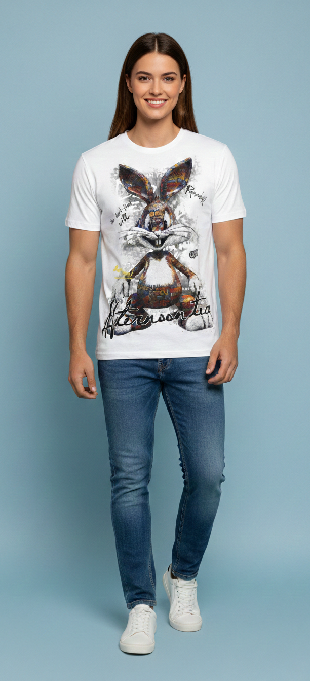 White Oversized Tee — Embroidered Rabbit Graphic — view 2