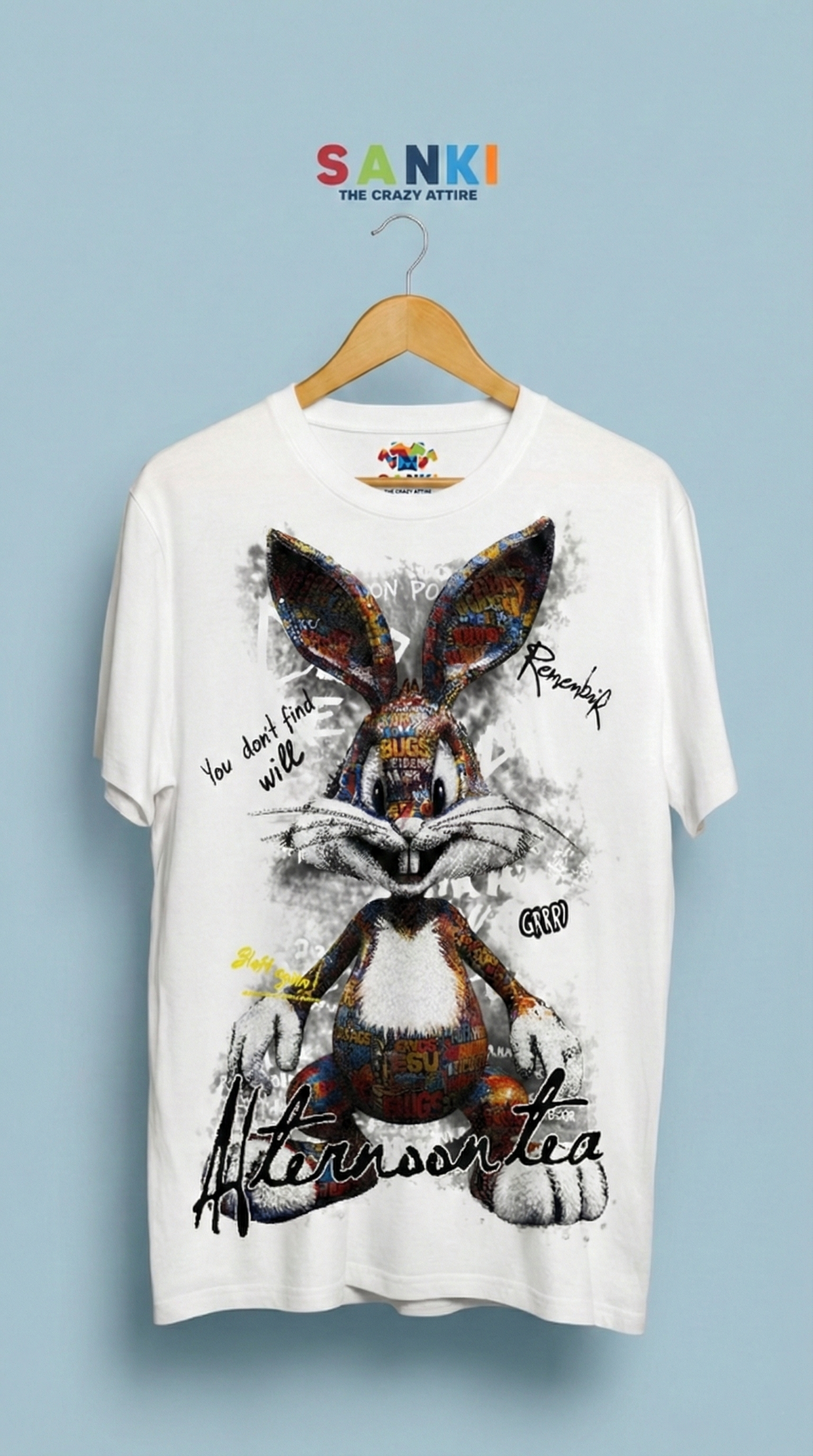 White Oversized Tee — Embroidered Rabbit Graphic — view 3