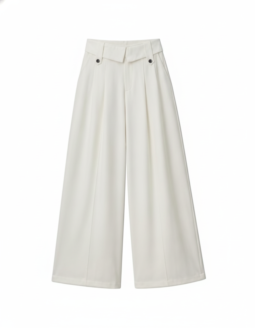 Beige wide-leg baggy trousers with pleated front and buttoned waistband detail