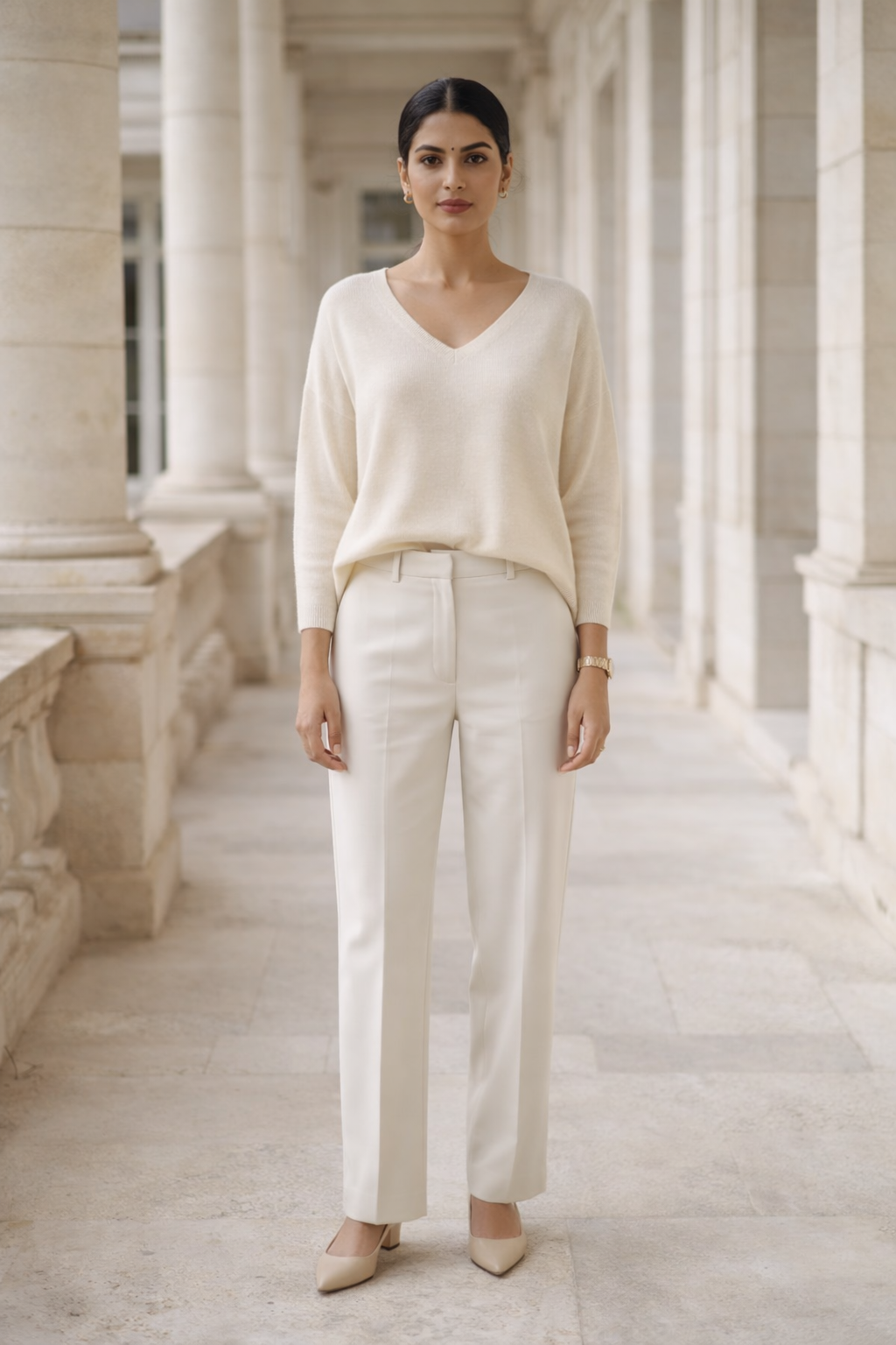 White V-neck knit top with ribbed hem hanging on a wooden hanger
