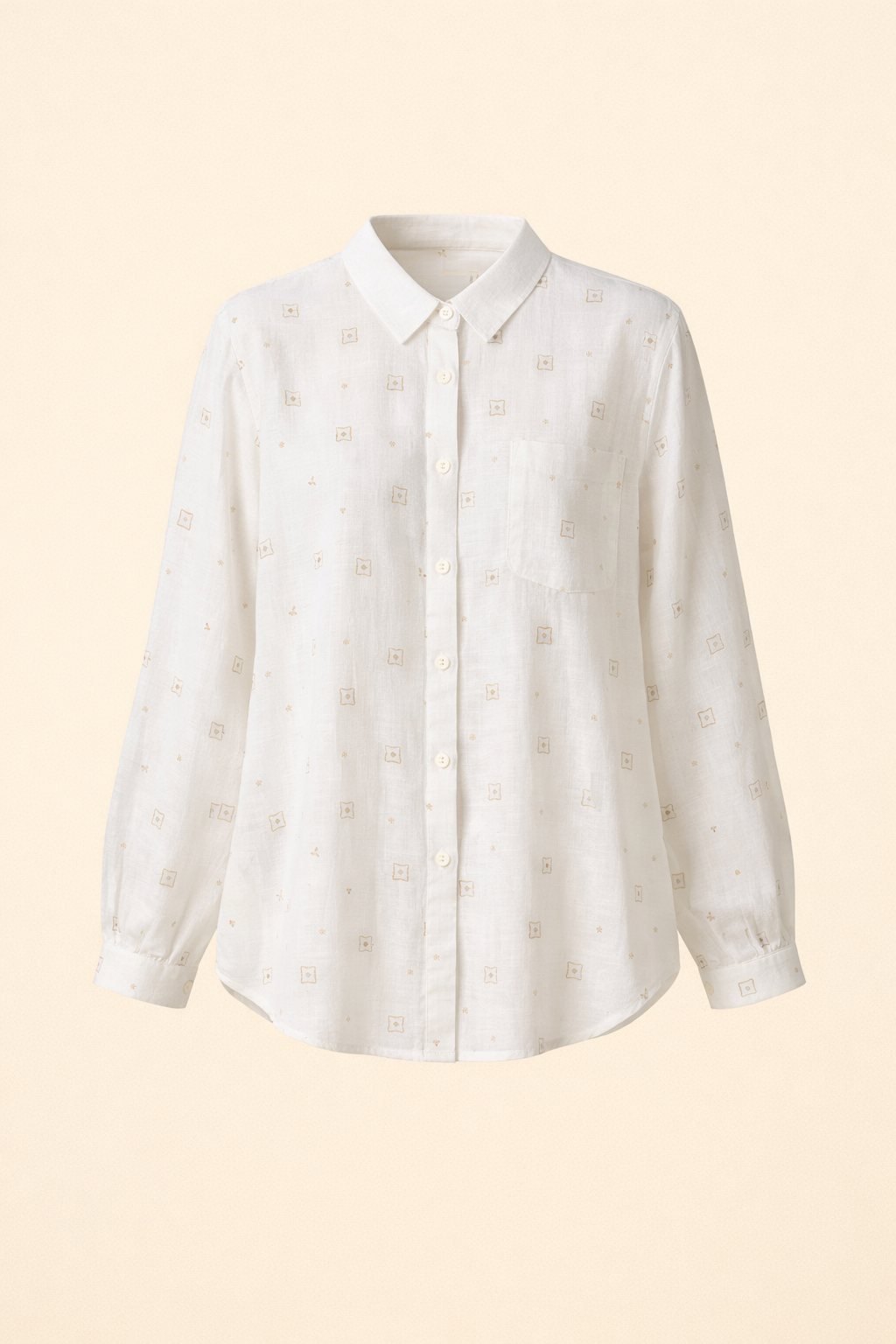 White women's shirt with button-down collar, button placket, subtle square pattern, and long sleeves in regular fit