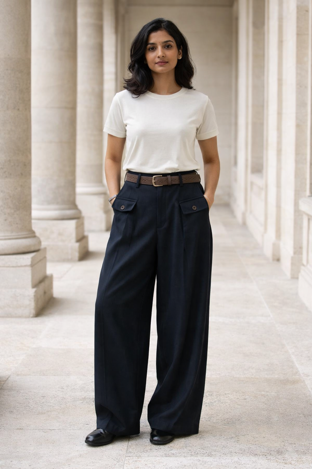 Blue baggy fit wide-leg trousers for women with flap pockets and a brown belt