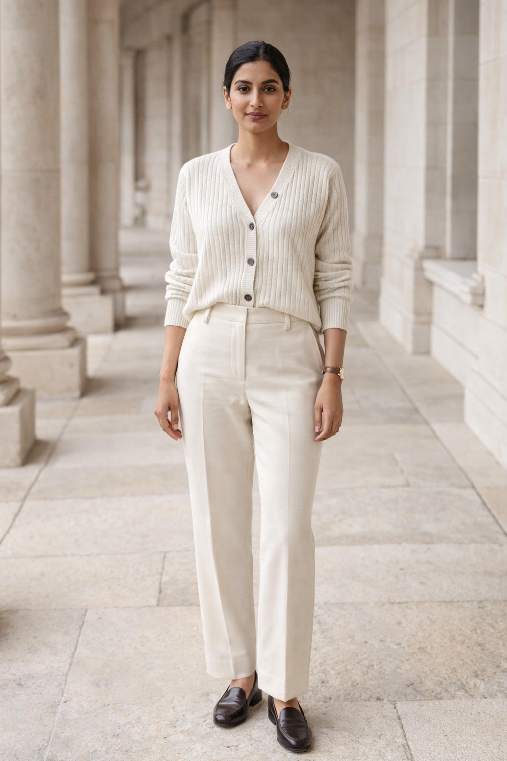 Cream ribbed knit top by SANKI featuring a V-neckline and a row of buttons down the front in FS size