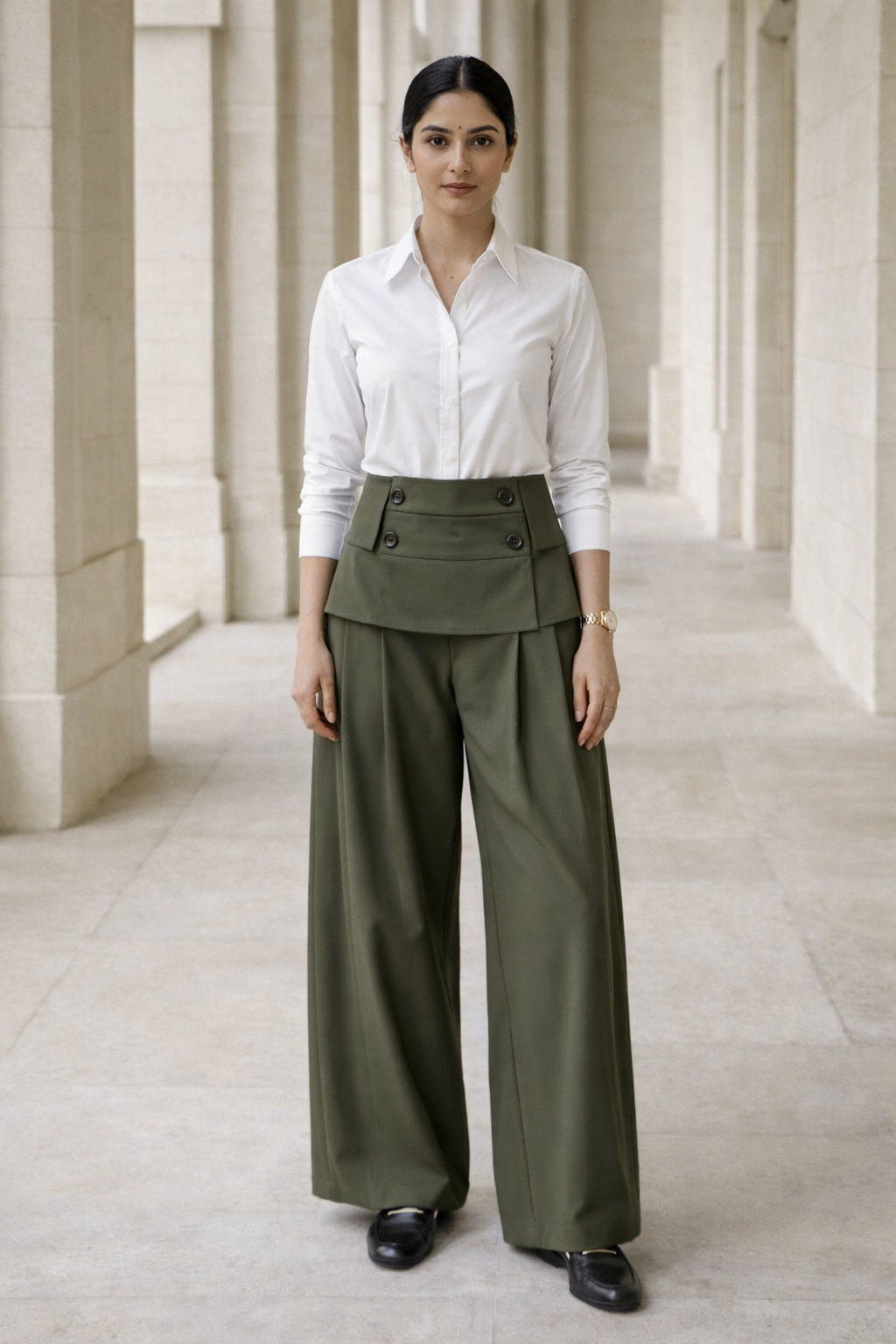 Green women's baggy trousers with buttoned flap waist detail front view
