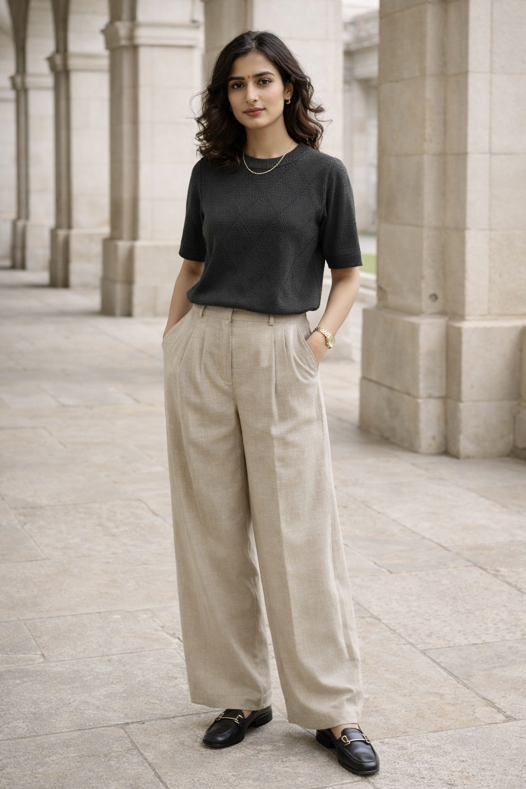 Black short sleeve knit top with crew neckline and diamond pattern, hanging on a wooden hanger
