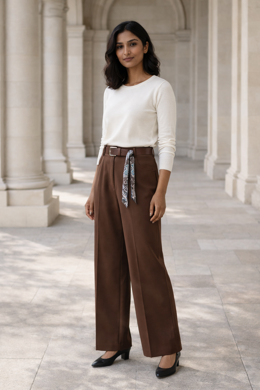 Brown women's baggy fit trousers with side pockets and patterned brown and grey belt