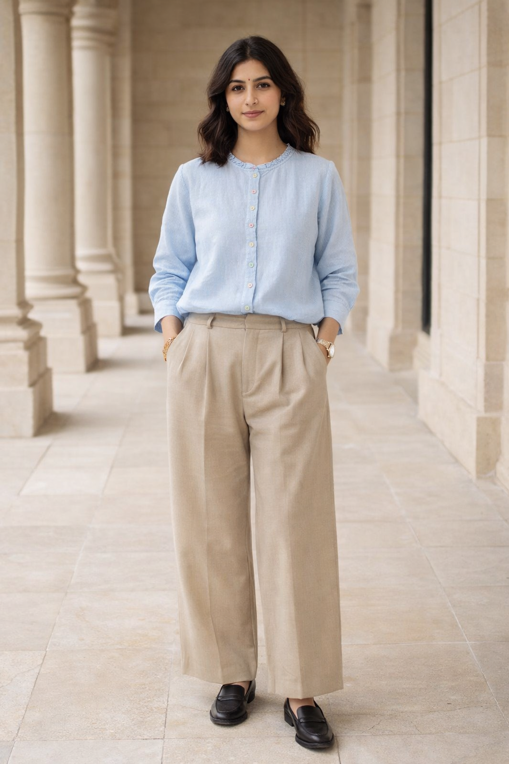 Blue women's button-detail top with round neckline and 3/4 sleeves, regular fit