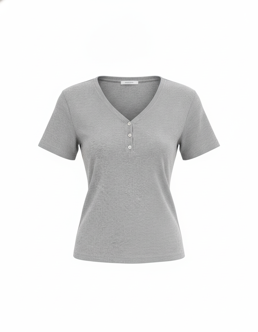 Grey ribbed knit top with henley neckline and short sleeves worn by woman