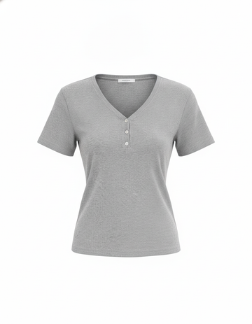 SANKI Grey Oversized Fit V-Neck Button-Detail Shirt for Women