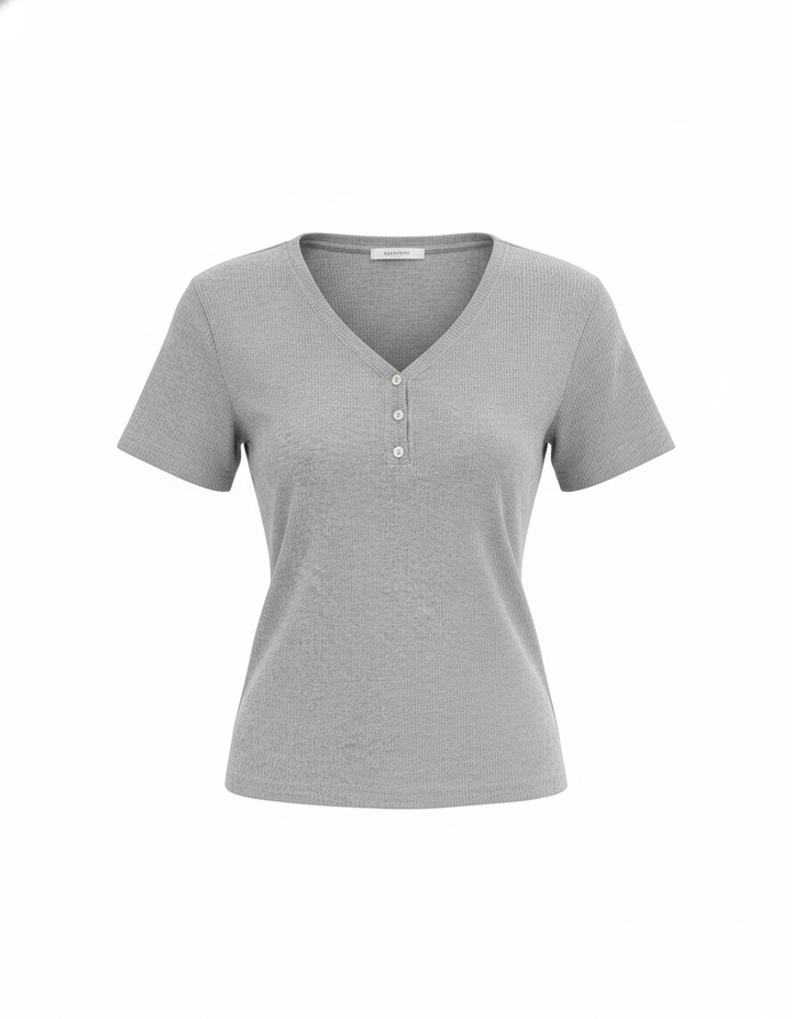 SANKI Grey Oversized Fit V-Neck Button-Detail Shirt for Women