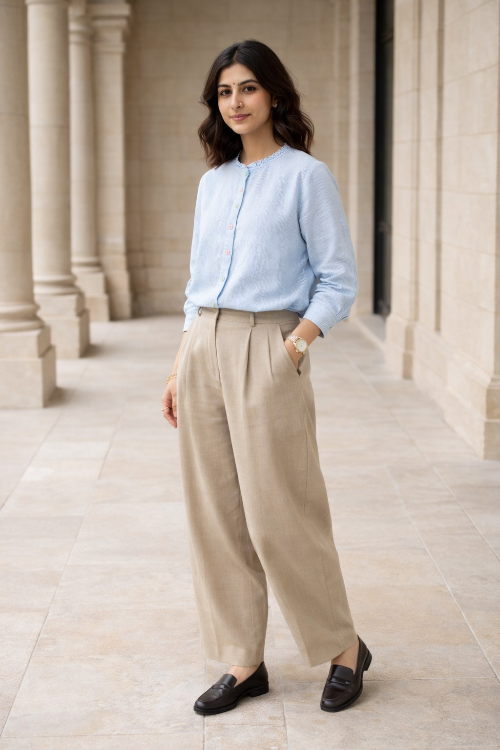 Blue women's button-detail top with round neckline and 3/4 sleeves, regular fit