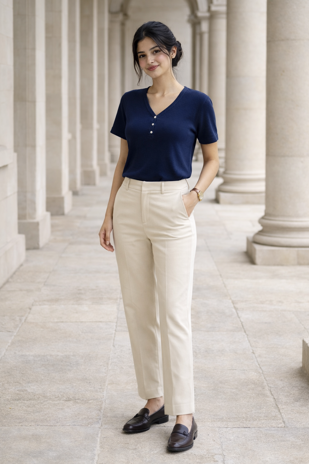 SANKI blue oversized women's top with V-neck and three-button placket, short sleeves