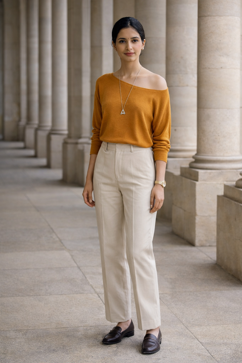 Orange women's knit top by SANKI with one-shoulder neckline and short sleeves in regular fit