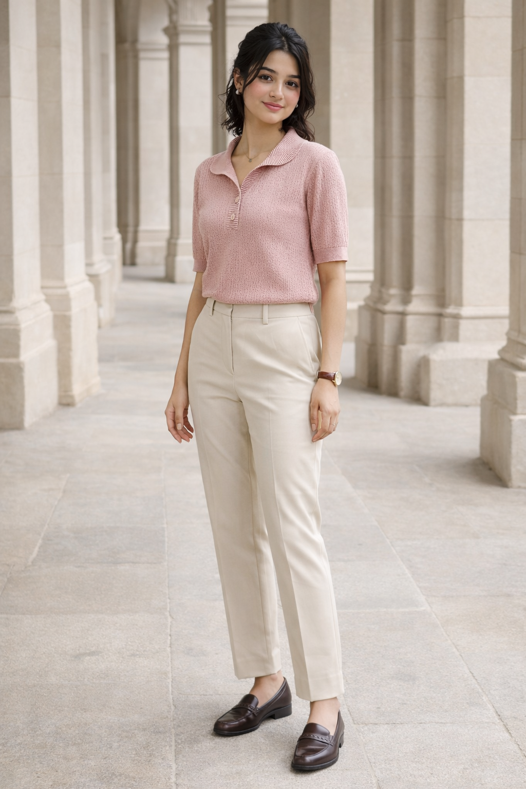 Women's pink knit top with shawl collar, two-button placket, short sleeves, and a regular fit