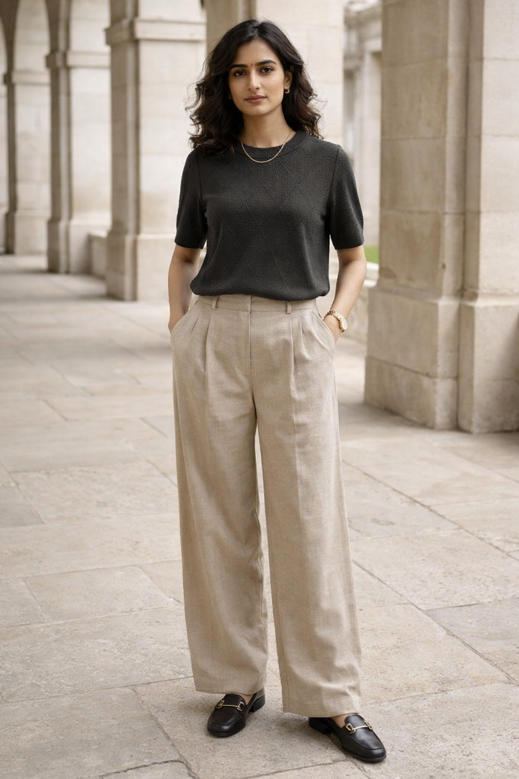 Black short sleeve knit top with crew neckline and diamond pattern, hanging on a wooden hanger