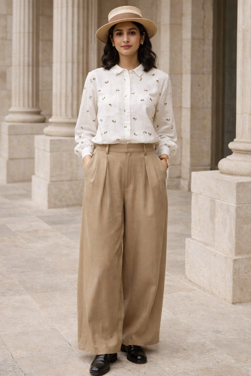 White women's shirt with classic collar and button-detail front, patterned with small green leaf motifs, worn with beige pants