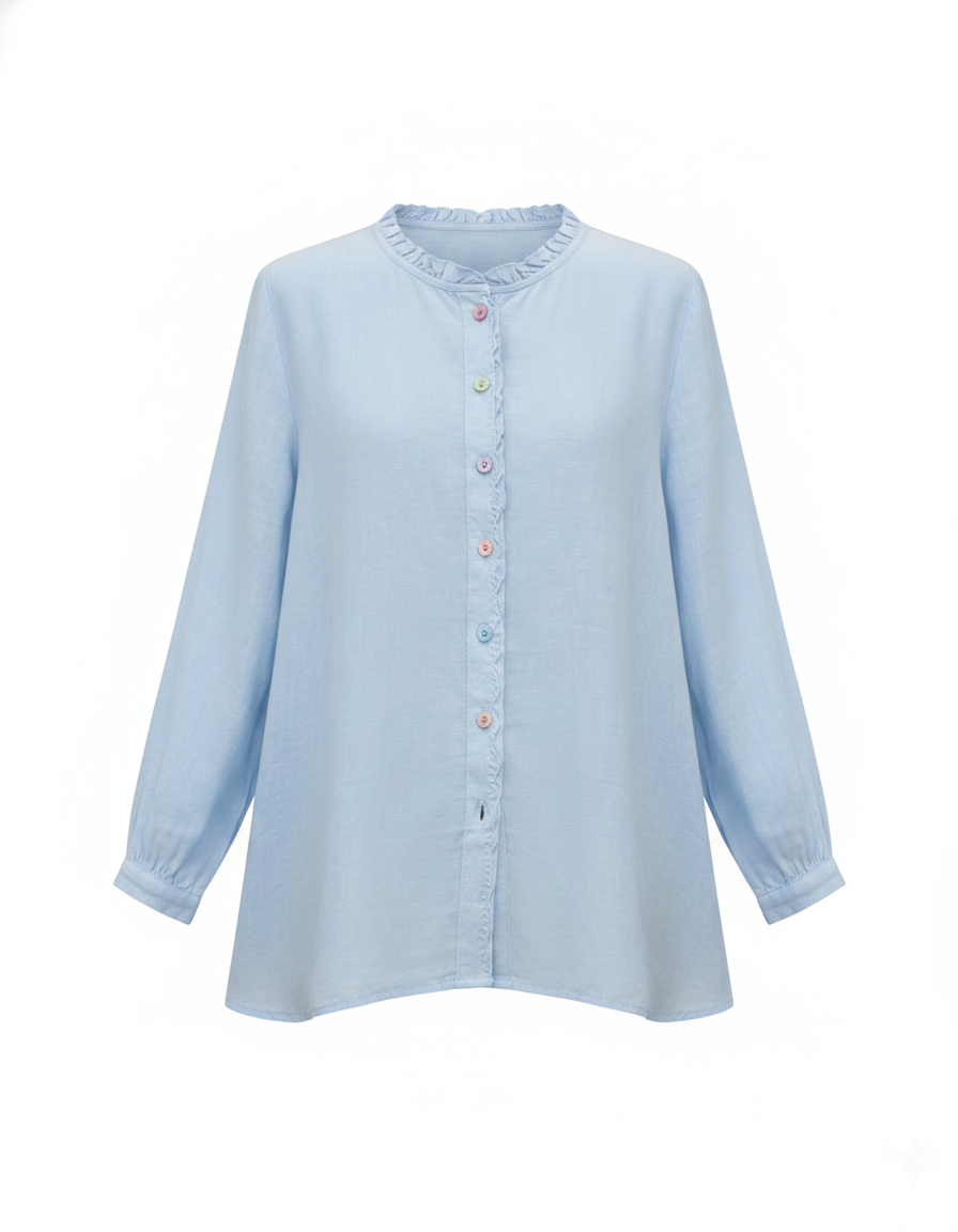 Blue women's button-detail top with round neckline and 3/4 sleeves, regular fit