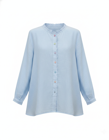 SANKI Blue Regular Fit With Frilled Neckline And Multicolor Buttons Shirt for Women