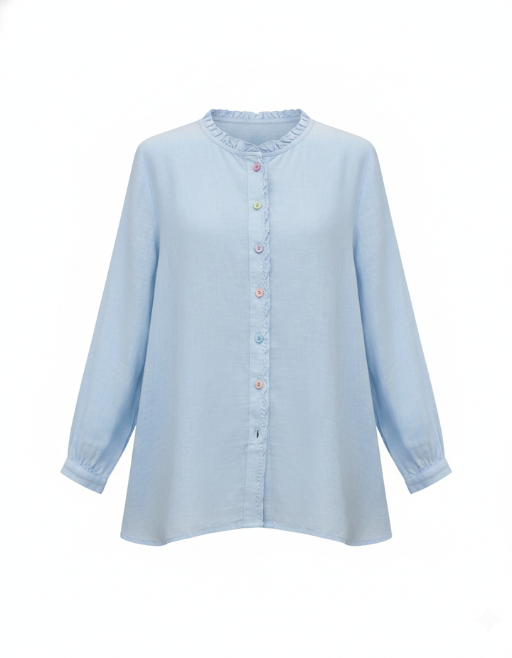 SANKI Blue Regular Fit With Frilled Neckline And Multicolor Buttons Shirt for Women