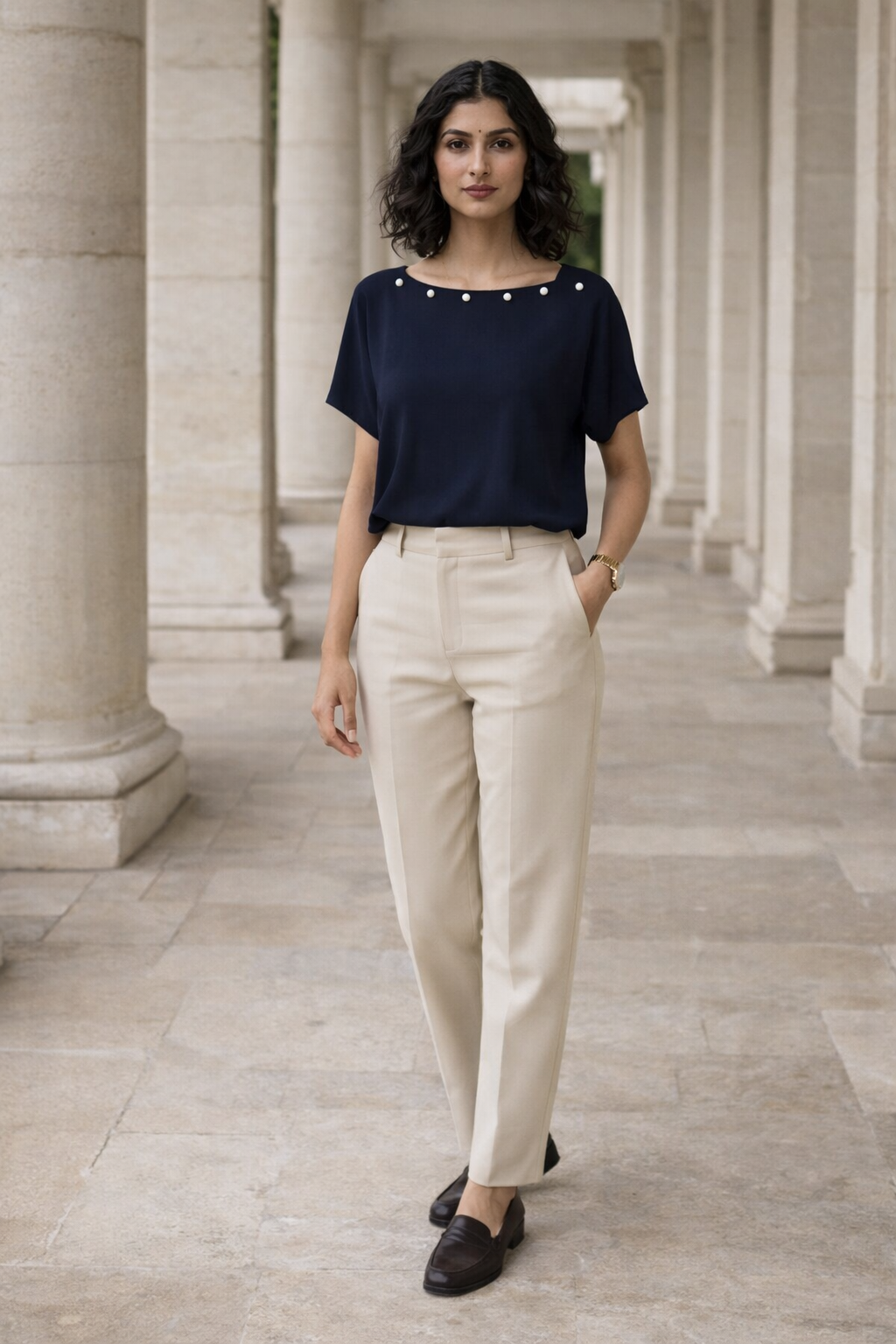 Black women's top with boat neckline and pearl accents along the neckline, short sleeves, regular fit by SANKI