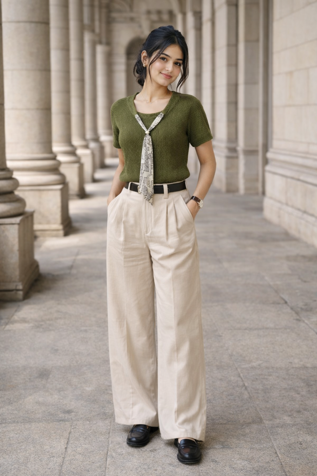 Green knit top with short sleeves and round neckline, featuring a grey and white printed scarf tied at the front worn by a woman