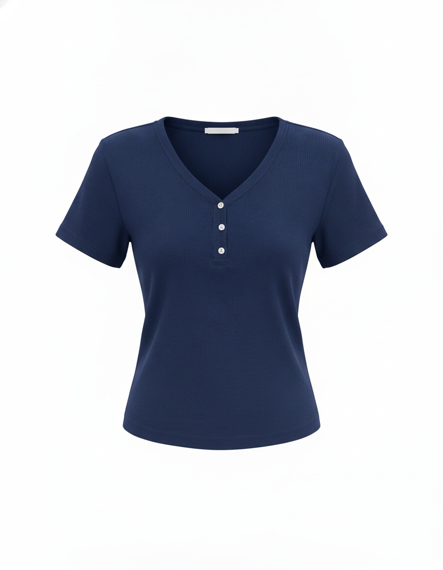 SANKI blue oversized women's top with V-neck and three-button placket, short sleeves