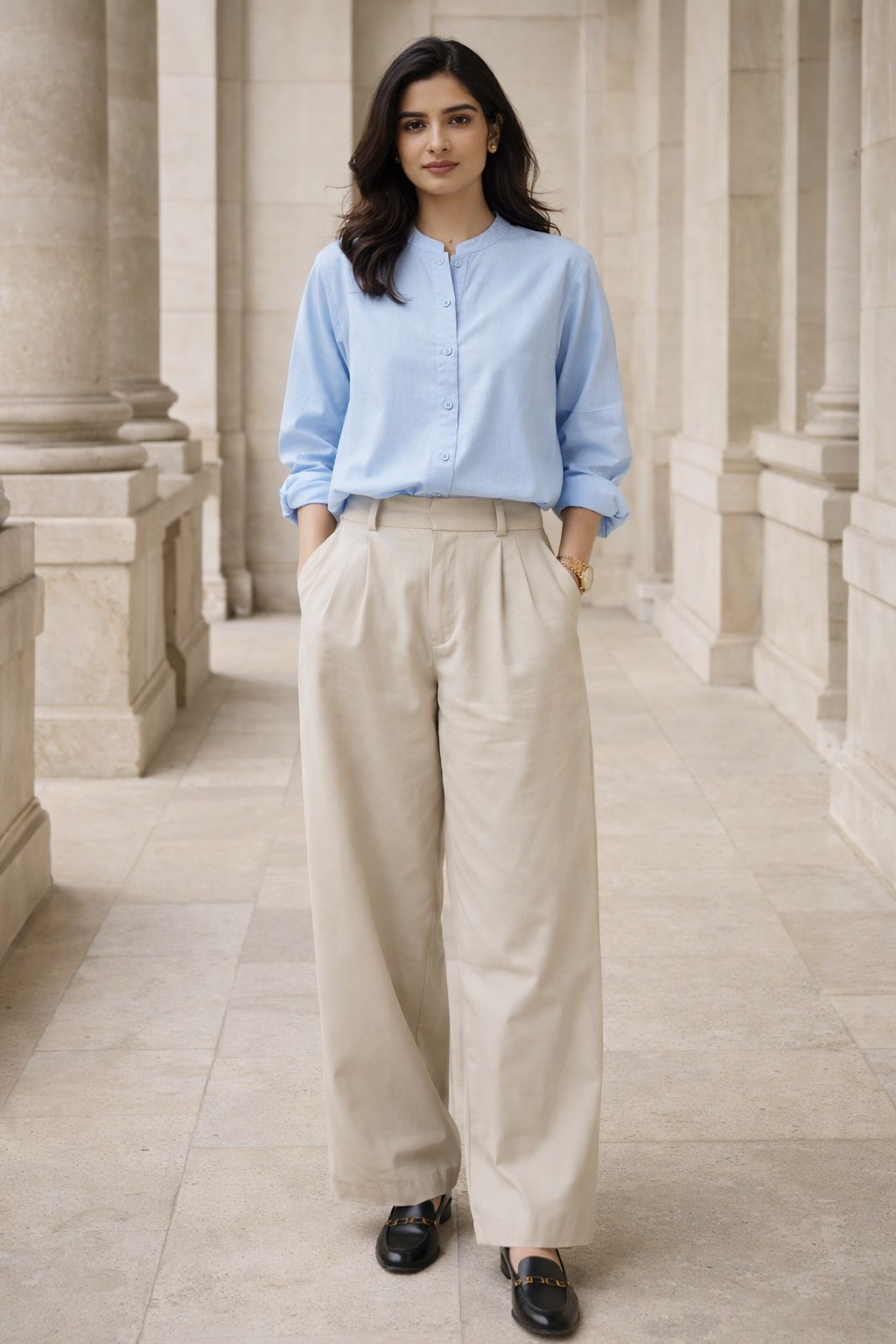 Blue women’s regular fit top with mandarin collar and button placket, long sleeves rolled up