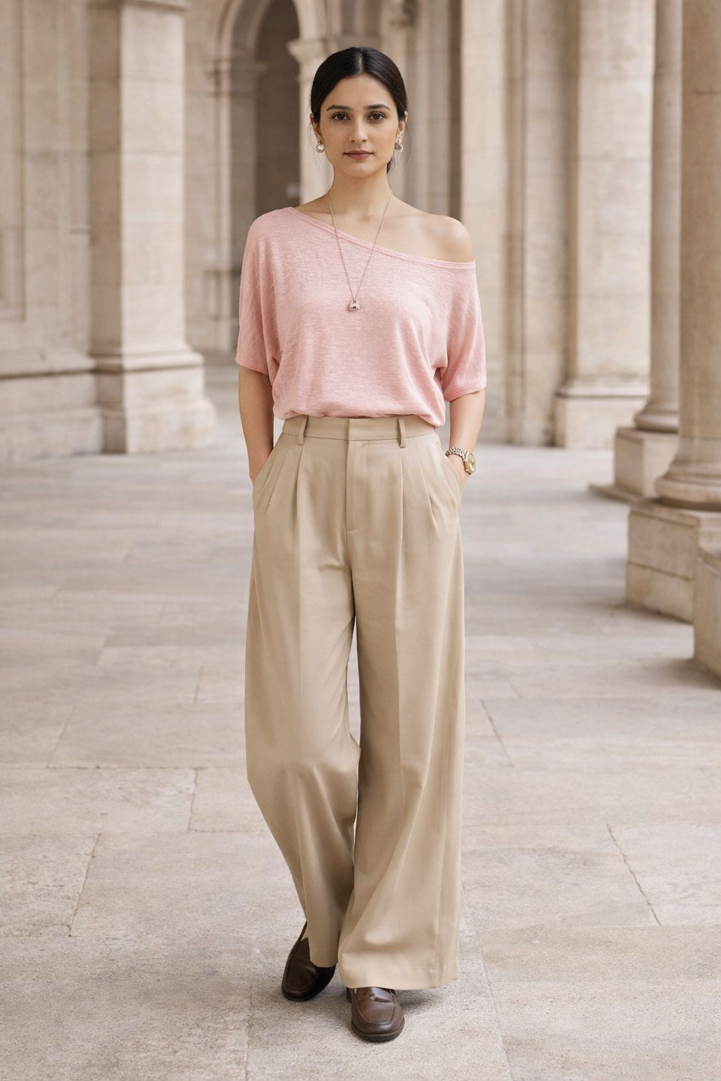Women's pink regular fit top with asymmetric boat neckline and short sleeves