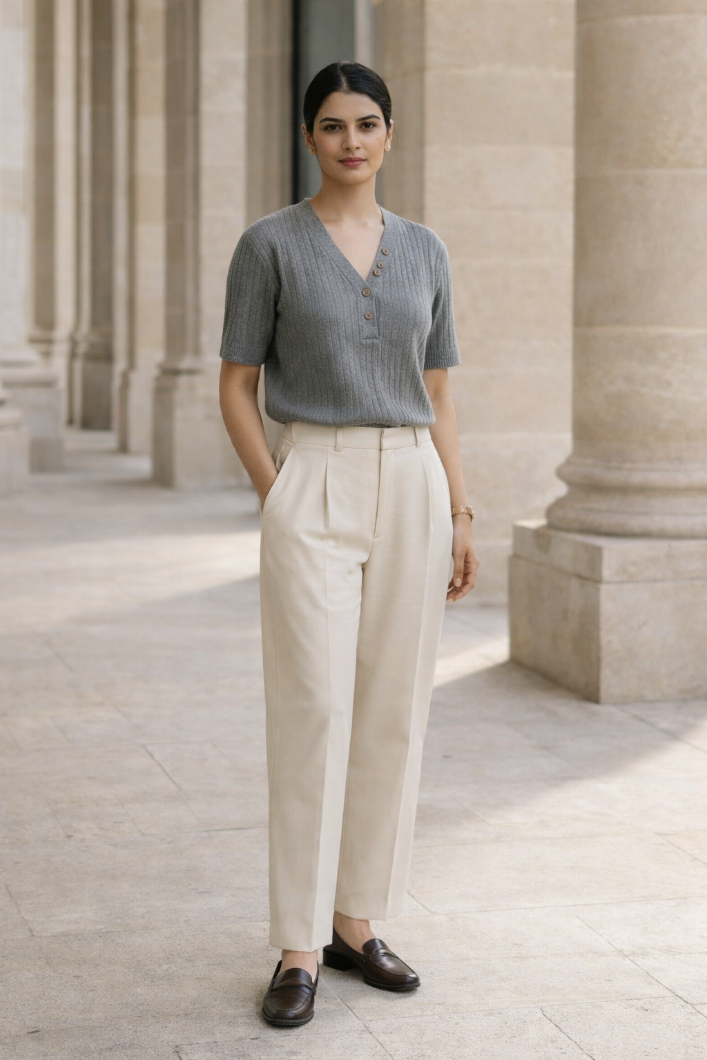 Grey women's knit top with ribbed texture, V-neckline and four button fastening down front, short sleeves