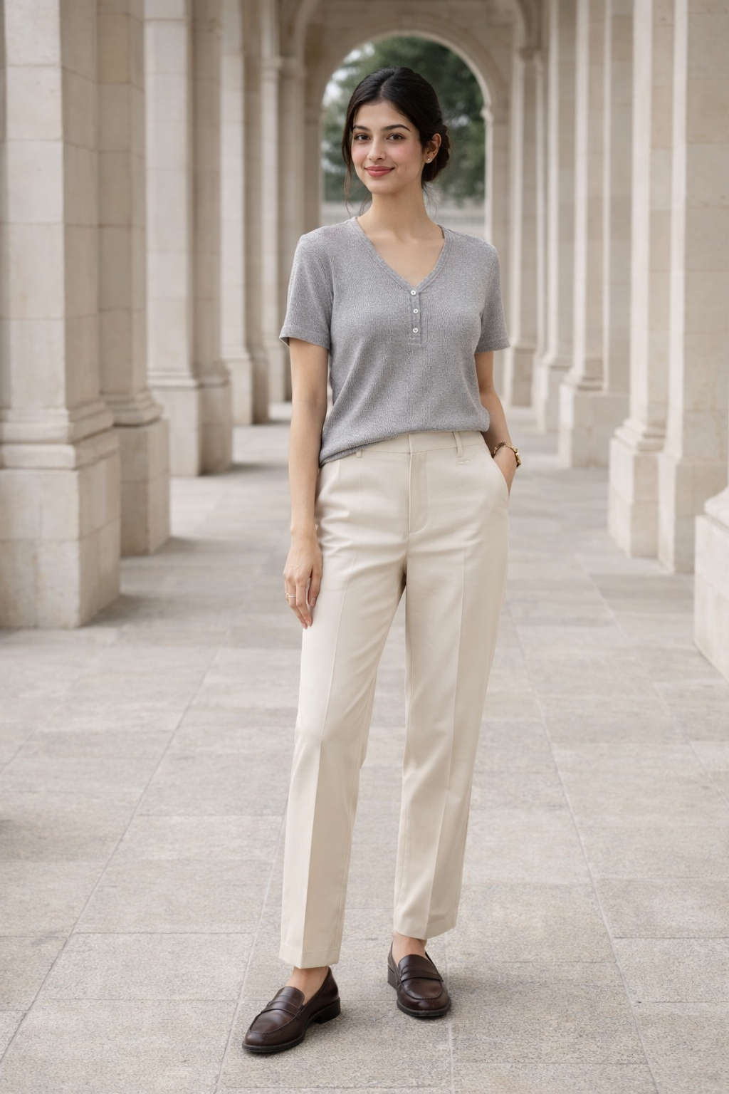 Grey ribbed knit top with henley neckline and short sleeves worn by woman