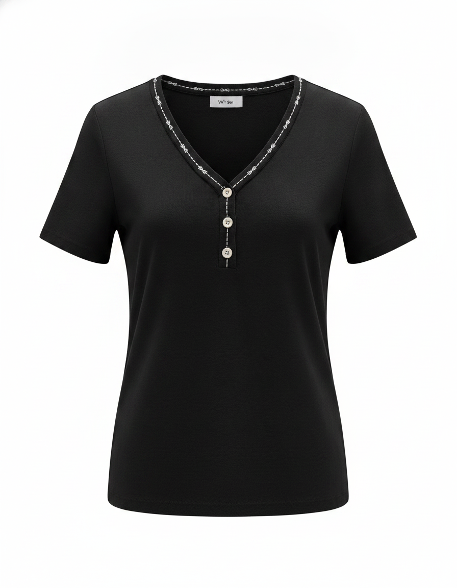 Black women's short sleeve top with V-neck, three white buttons on placket, and white decorative contrast stitching along neckline and placket