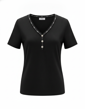 SANKI Black V-Neck Button-Detail And Stitch Trim Top for Women