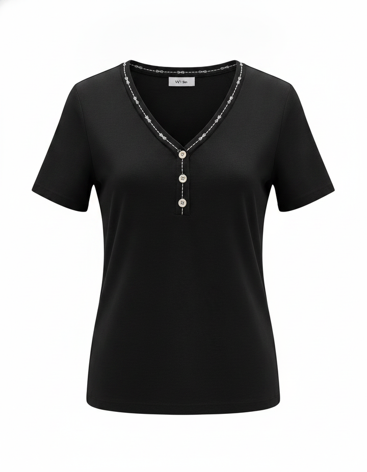 SANKI Black V-Neck Button-Detail And Stitch Trim Top for Women