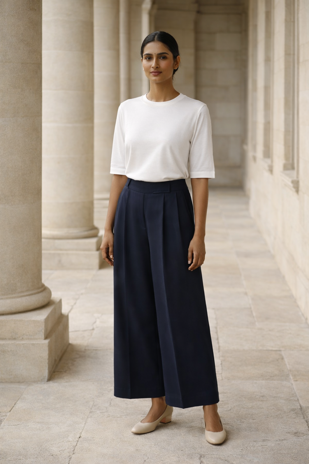 Women's SANKI blue high-waist wide-leg trousers with front pleats and fold-over waistband detail