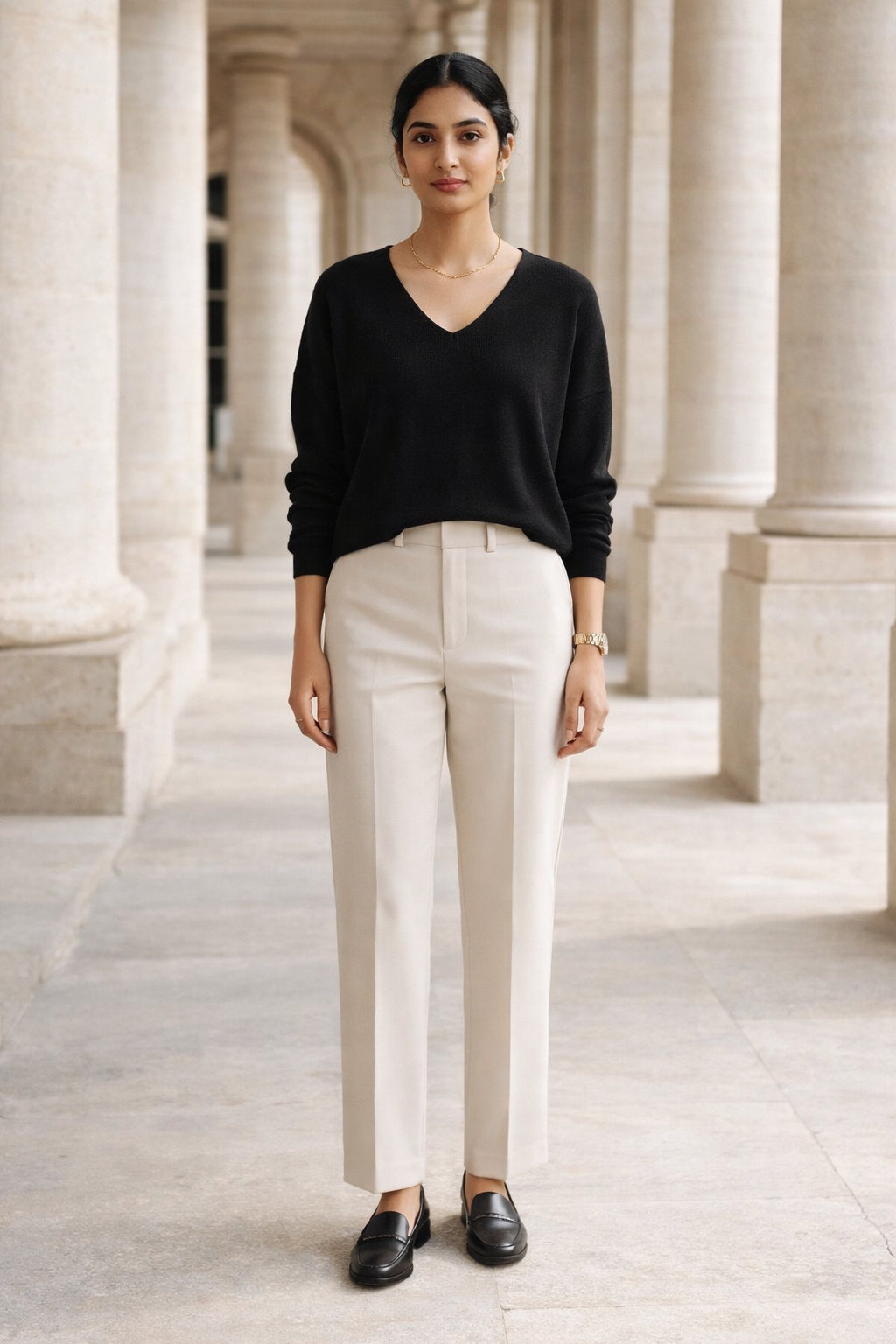 Black women's knit top with V-neckline, long sleeves, and ribbed trim on cuffs and hem