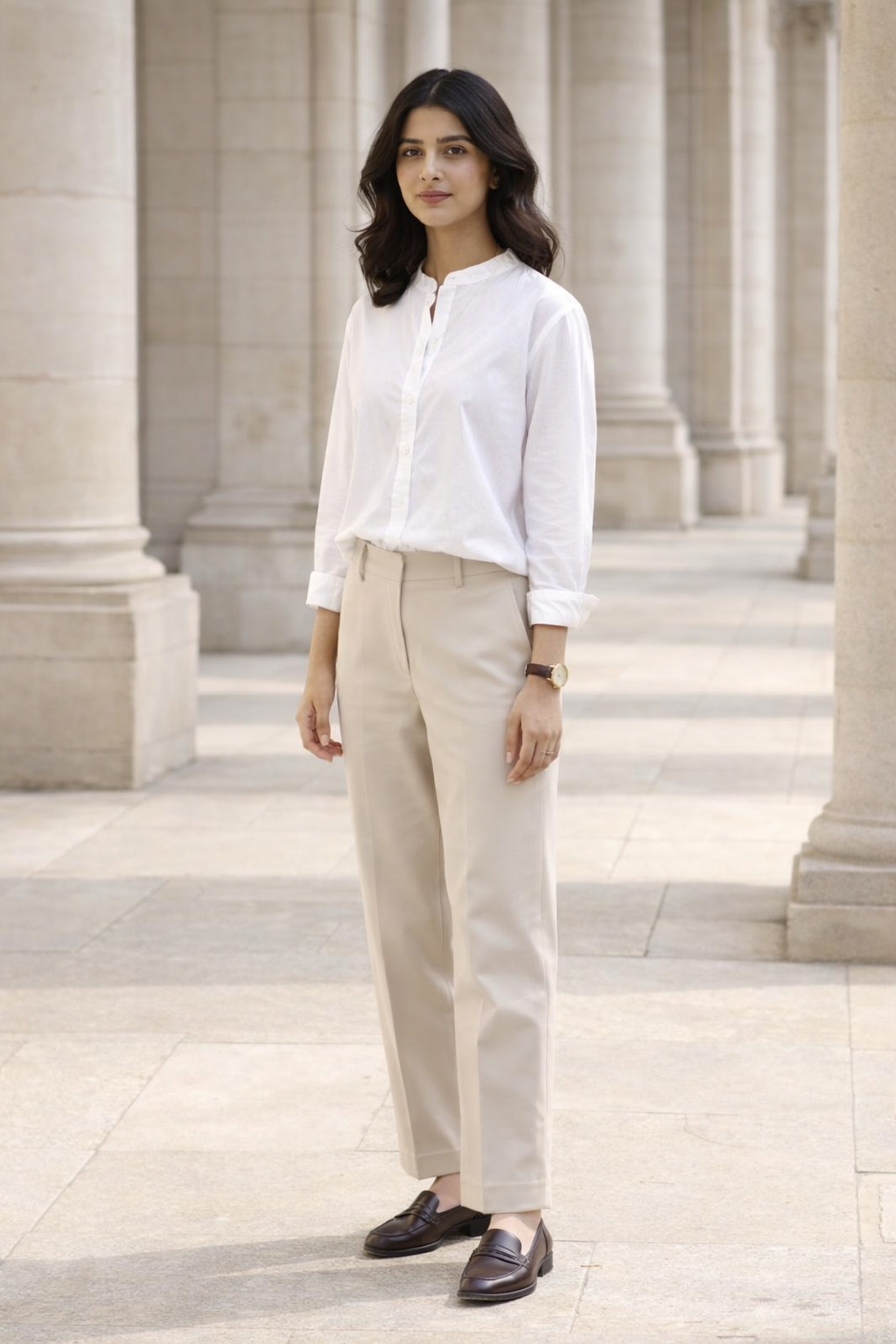 White women's regular fit shirt with mandarin collar and button placket, long sleeves rolled up to forearms