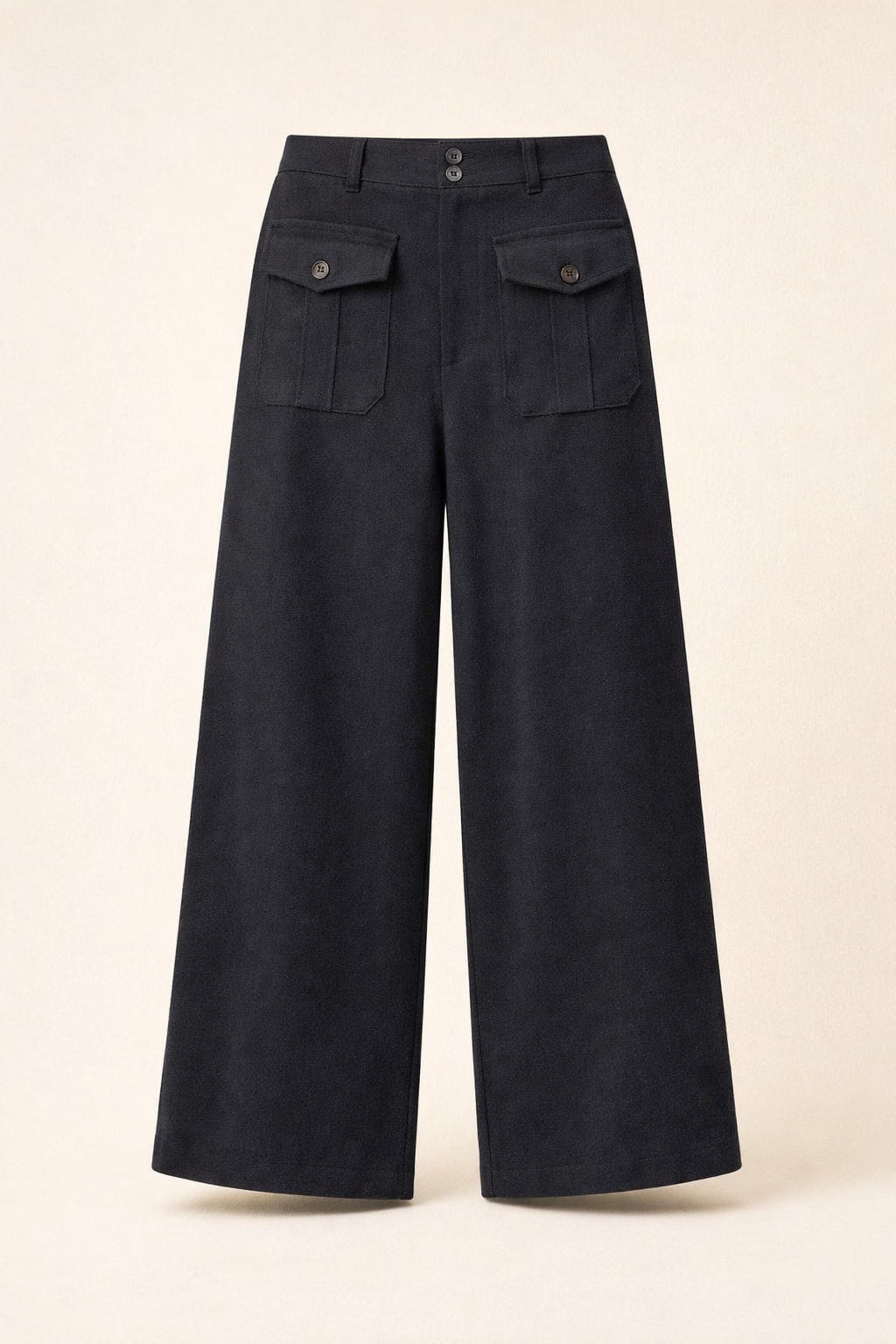 Black wide-leg trousers with front flap buttoned pockets and double-button waistband