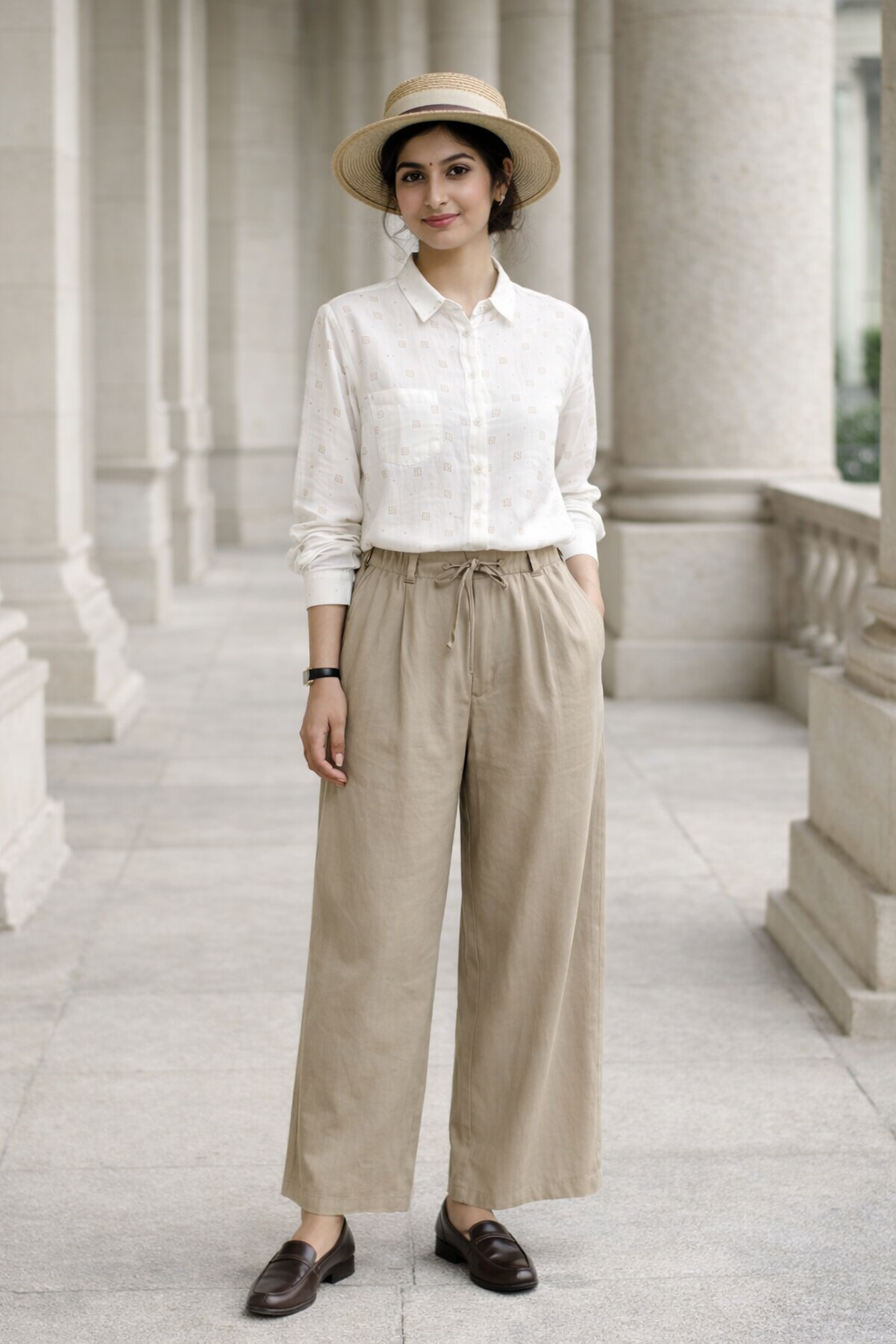 White women's shirt with button-down collar, button placket, subtle square pattern, and long sleeves in regular fit