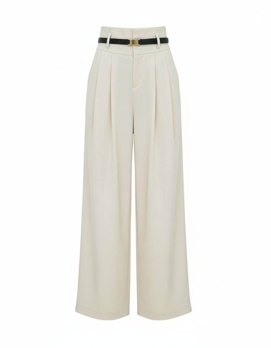 Front view of women's beige baggy fit trousers with pleated front and black belt on white background