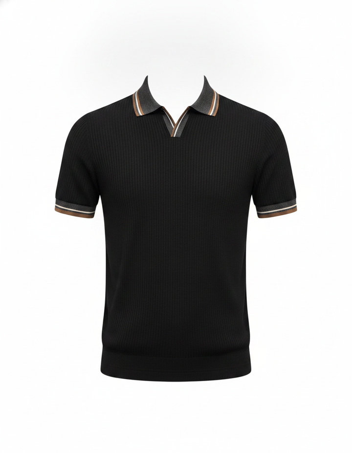 Ribbed Polo Knit T-Shirt — Black
