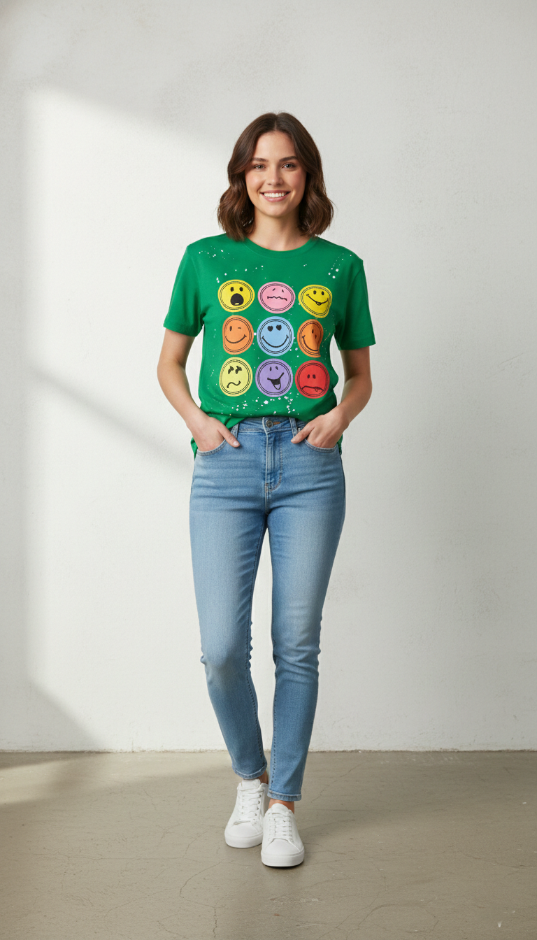 Smiley Face Oversized Tee — Green Fit — view 3