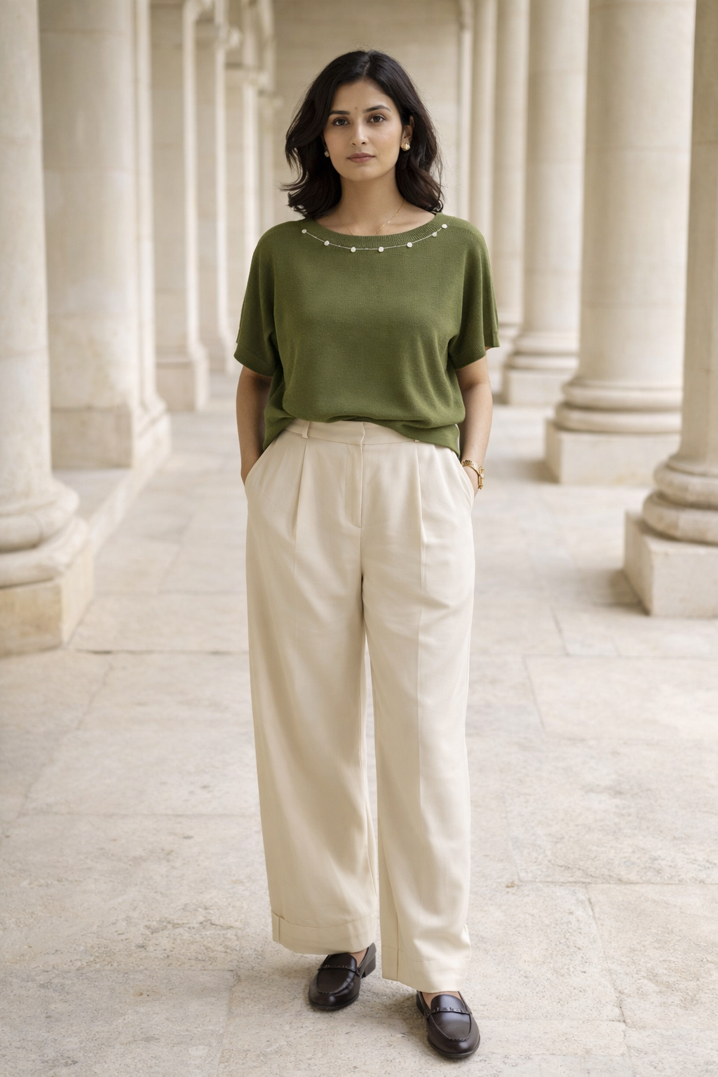 Green women’s crew-neck top with decorative buttons along the neckline by SANKI