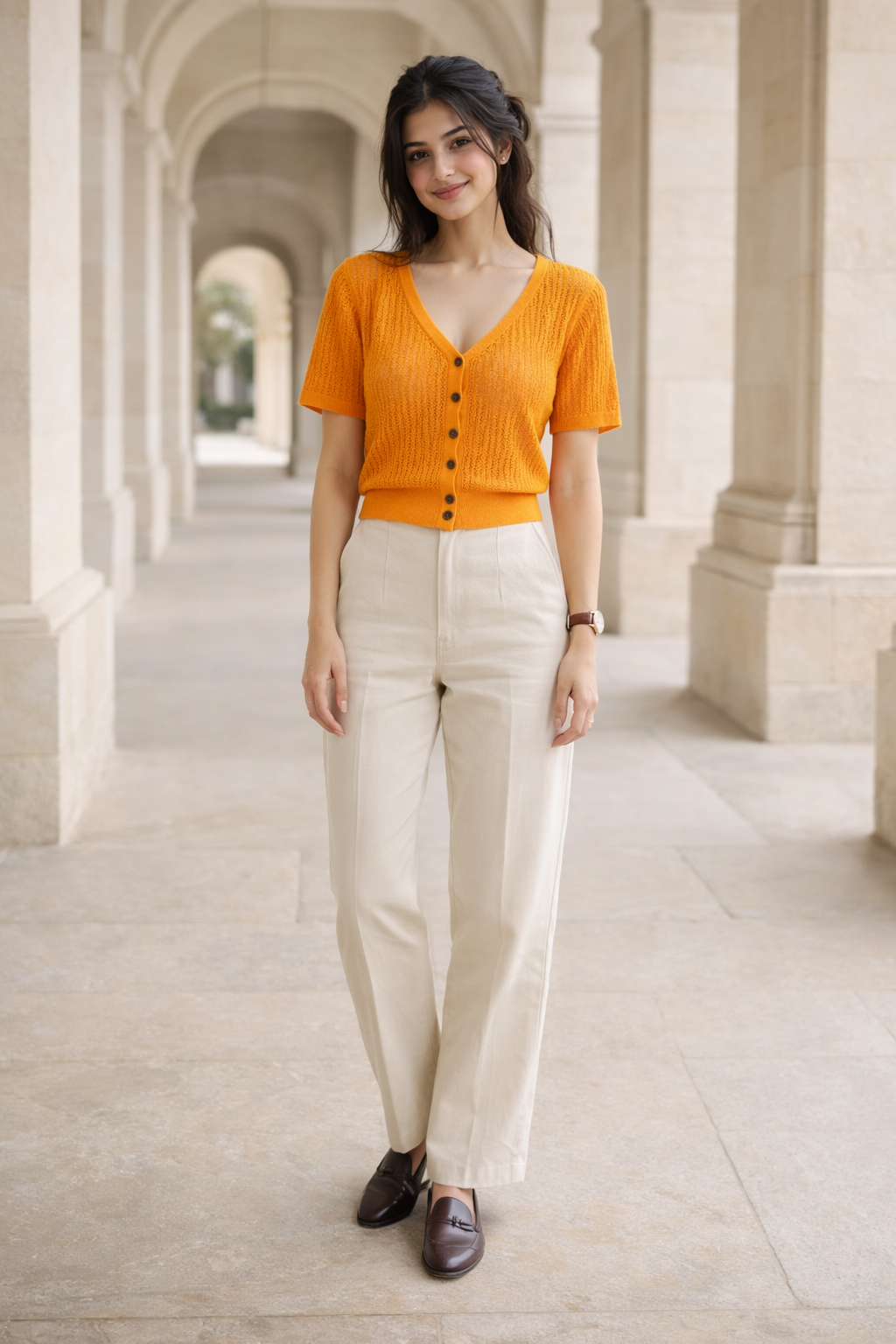 Orange women's knit top with V-neck, button front, short sleeves and oversized fit