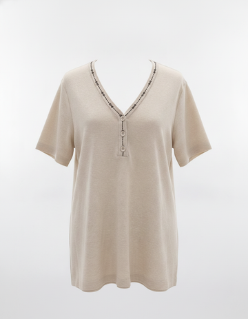 SANKI Beige V-Neck Button-Detail And Stitch Trim Top for Women