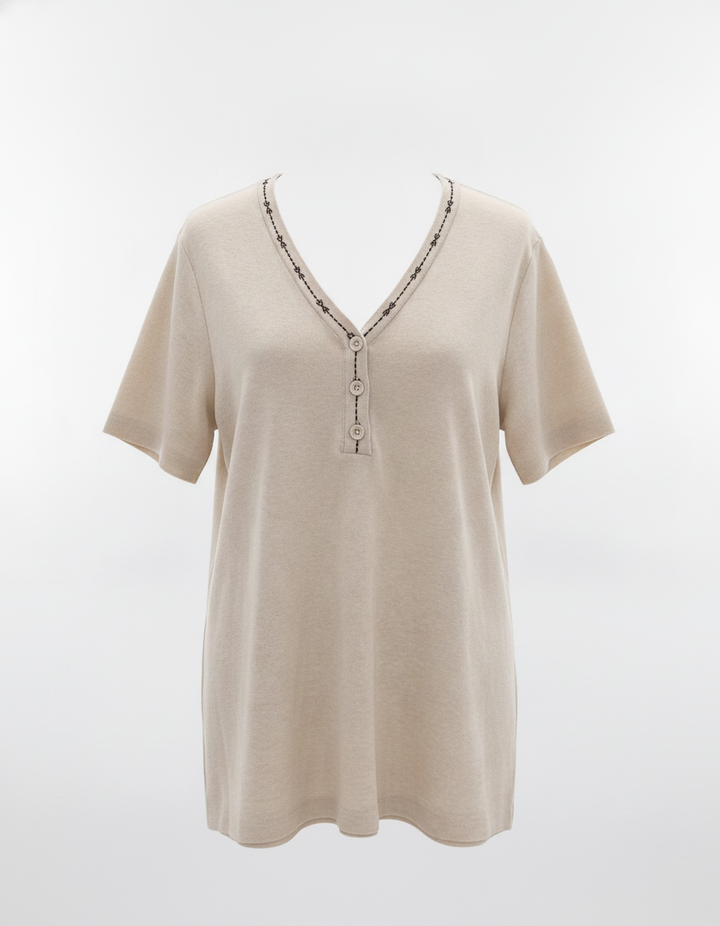 SANKI Beige V-Neck Button-Detail And Stitch Trim Top for Women