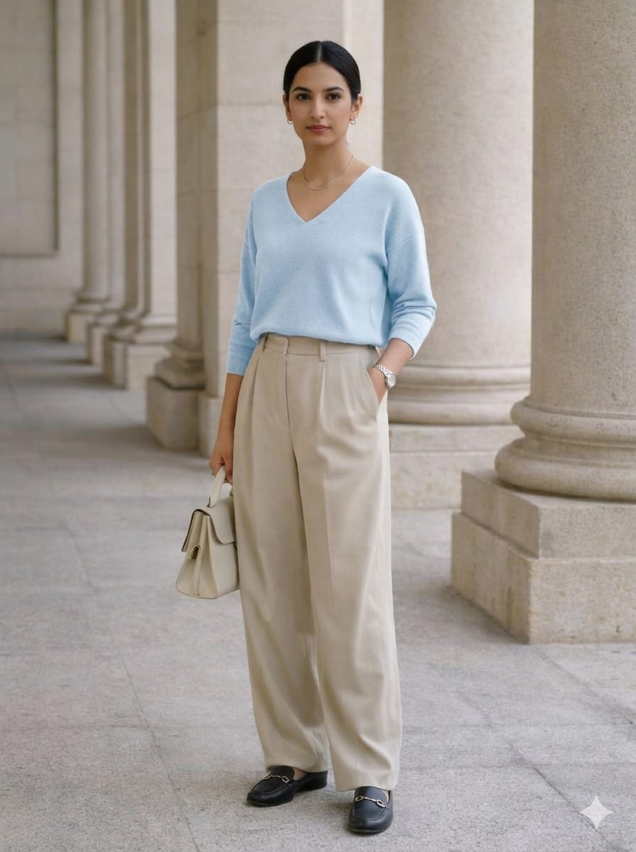 SANKI Blue V-Neck Crew-neck Top for Women