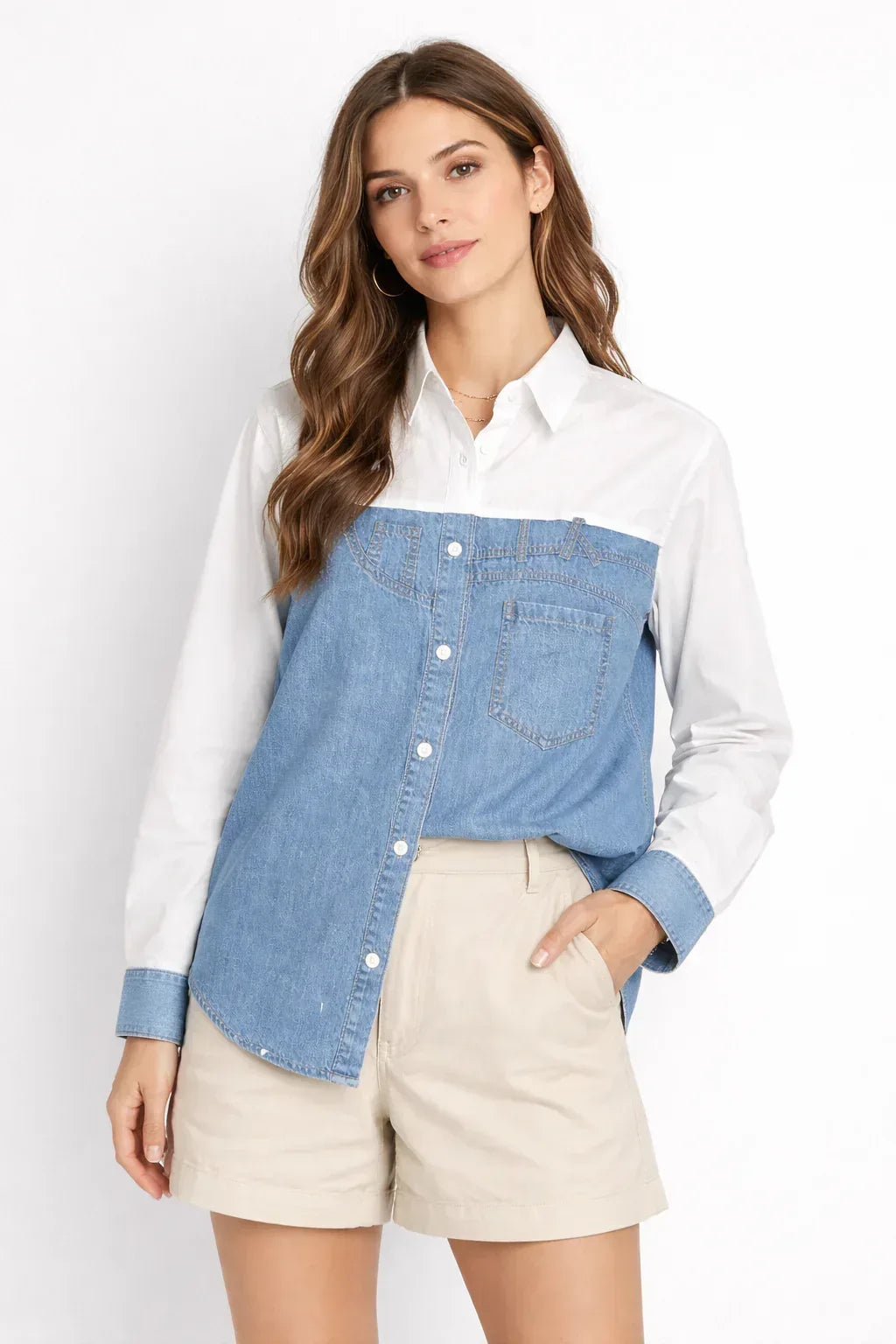 Sanki Color Block Denim and Cotton Shirt - Sanki