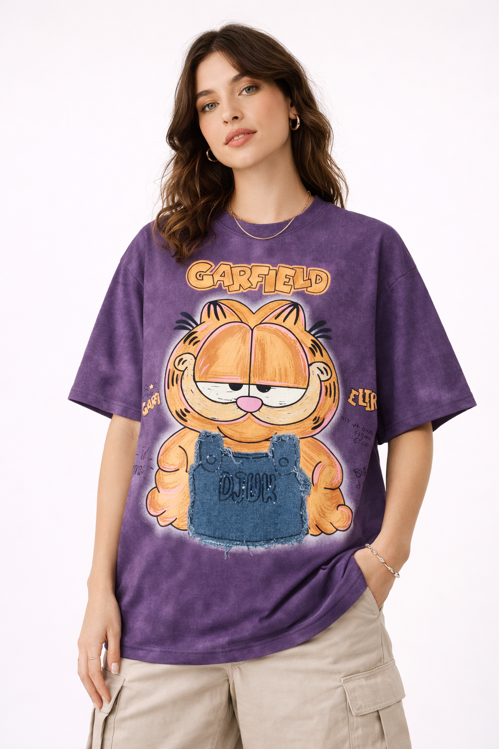 Orange Cat Cartoon Oversized Tee — Purple — view 3