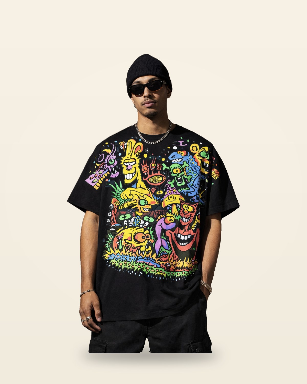 Abstract Cartoon Graphic Oversized Tee — Black